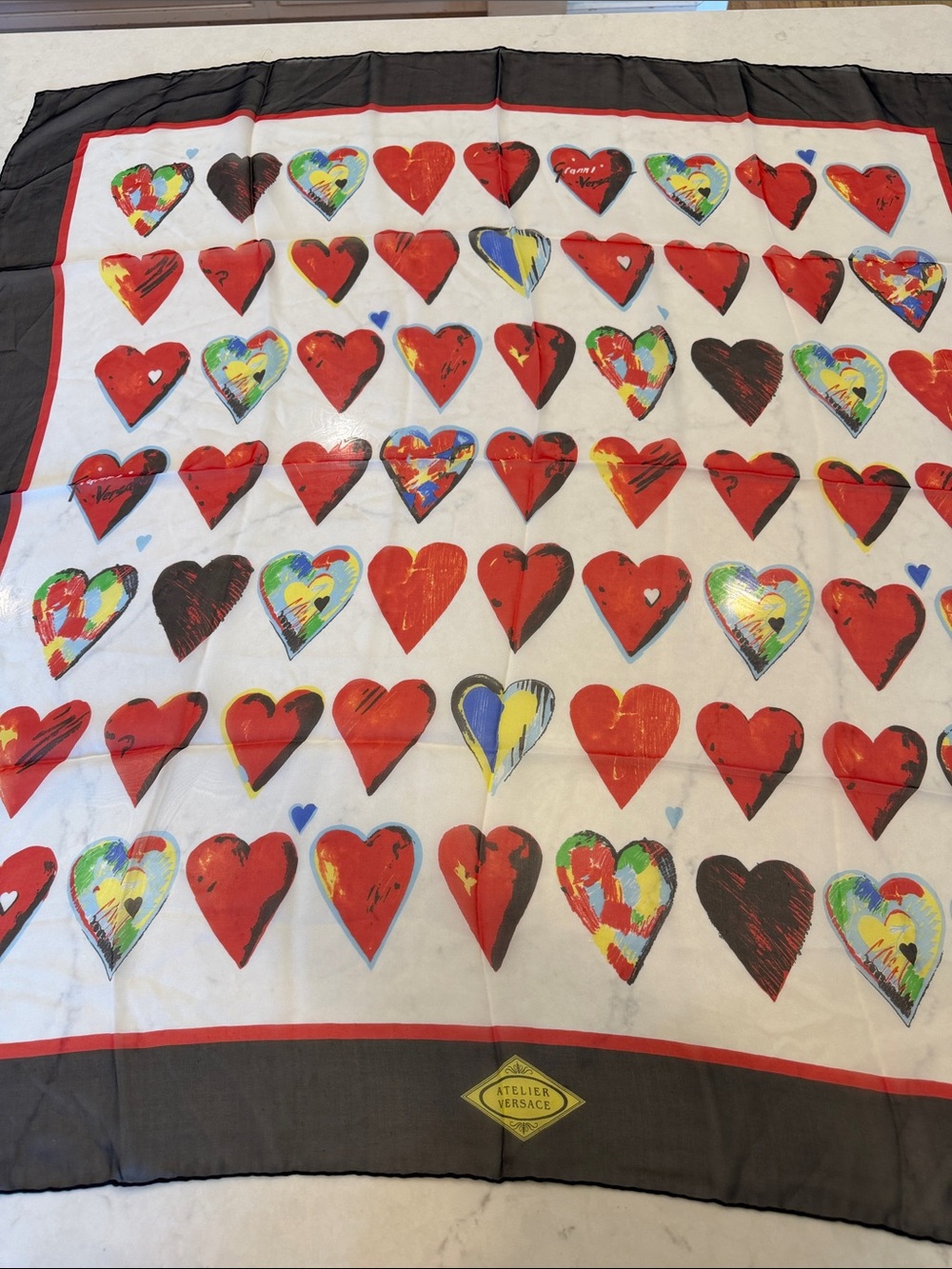 Versace Heart Motif Silk Scarf - Red, Multicolor, Black